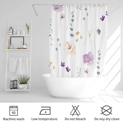 Purple Beige Watercolor Floral Fabric Shower Curtain, 72x78 | Waterproof Fabric, Modern Minimalist Floral Print, Machine Washable, Rustproof Grommets, Fade Resistant, for Bath Home