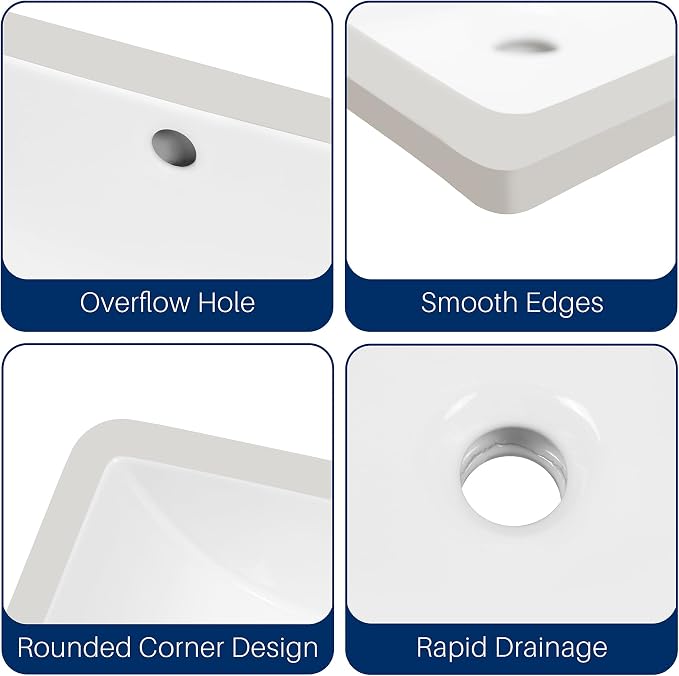 Enbol Undermount Bathroom Sink Rectangle 18x13 Inch White Ceramic Vessel Sink Under Counter Lavatory Vanity Vessel Sink with Overflow ECU1611