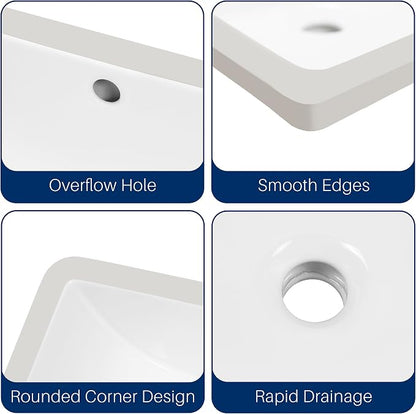 Enbol Undermount Bathroom Sink Rectangle 18x13 Inch White Ceramic Vessel Sink Under Counter Lavatory Vanity Vessel Sink with Overflow ECU1611