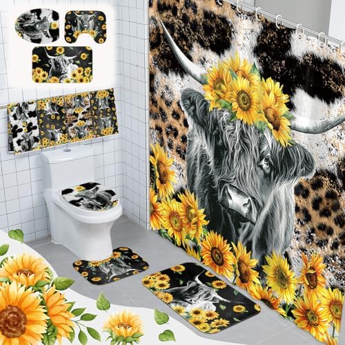 FuWeave 8 Pcs Highland Cow Shower Curtain Sets for Bathroom Sunflower Farm Cow Shower Curtain Sets Bathroom Accessories with Towels Carpet Bath Mat Toilet Rugs and 12 Hooks