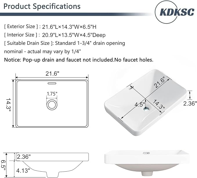 Bathroom Vessel Sink 21.6" X 14.3" Semi Recessed Bathroom Sink Rectangular Drop In Bathroom Sinks with Overflow White Ceramic Vessel Sinks for Bathroom Modern Above Counter Basin Vanity Sink