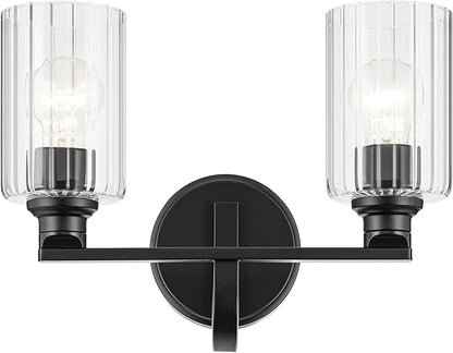 Kichler Gioe 14.25" 2-Light Vanity Light with Clear Fluted Glass in Black, Damp Rated, for Bathroom, Powder Room, Over a Mirror, (14.25" W x 10.5" H), 55225BKFLU