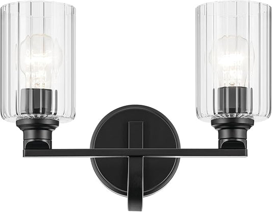 Kichler Gioe 14.25" 2-Light Vanity Light with Clear Fluted Glass in Black, Damp Rated, for Bathroom, Powder Room, Over a Mirror, (14.25" W x 10.5" H), 55225BKFLU