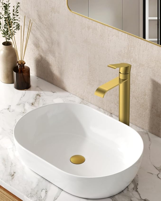 FORIOUS Brushed Gold Vessel Bathroom Faucet One Hole, Single Handle Waterfall Bathroom Vessel Sink Faucet Gold with Pop-up Drain and CUPC Hose for Rv, Lavatory, Corner Sinks