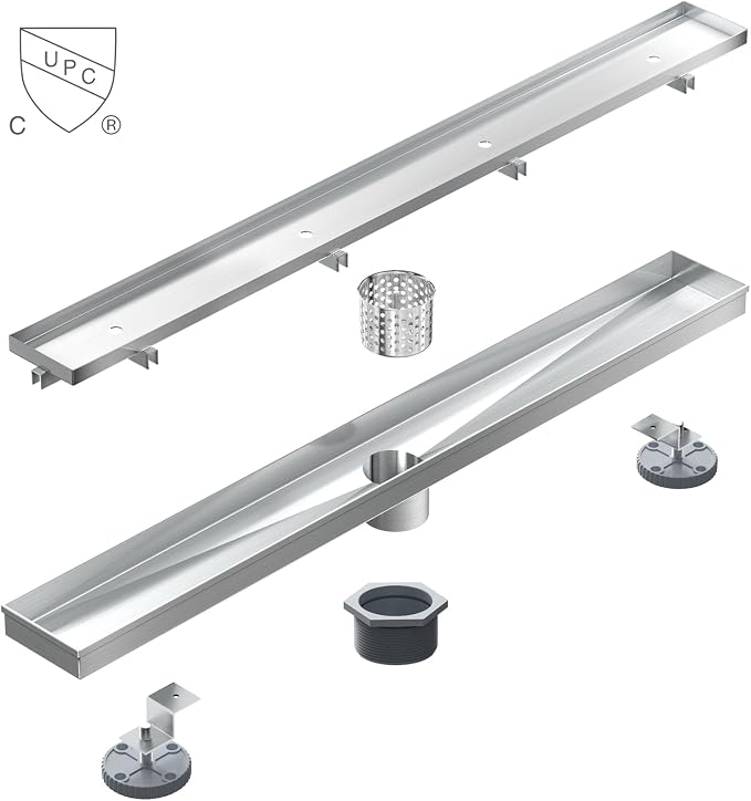 24 Inch Linear Shower Drain with Tile Insert Grate, Brushed | 304 Stainless Steel, Rectangle Tile Floor Drain for Bathroom, with Hair Strainer, Adjustable Feet, cUPC Certified