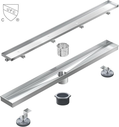 32 Inch Linear Shower Drain with Tile Insert Grate, Brushed | 304 Stainless Steel, Rectangle Tile Floor Drain for Bathroom, with Hair Strainer, Adjustable Feet, cUPC Certified