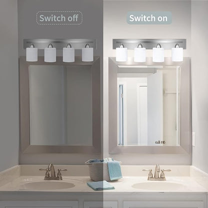 Bathroom Vanity Light Fixture, 4-Light Modern Bathroom Lights with Glass Shade, Brushed Nickel Bath Lighting Fixtures Over Mirror, Hollywood Style Interior Wall Sconce for Makeup Dressing Table