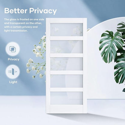 Double 38×84 Inch Glass Barn Door Slab and 13.2ft Hardware Kit Included, 5 Frosted Glass, LVL Wood Panel Covered with White Water-Proof Scratch-Proof PVC Surface, Simple DIY Assembly