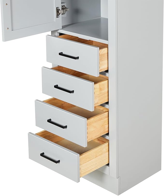 ARIEL Hepburn Bathroom Storage Cabinet - Solid Hevea Wood and Fully Assembled for Long-Lasting Durability and Sophisticated Finish, Freestanding Linen Bathroom Cabinet - 65”H x 20”W x 16”D, Grey