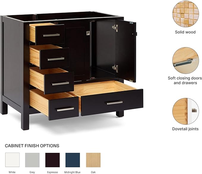 ARIEL Cambridge 36-inch Bathroom Vanity Base Cabinet,Solid Wood, 2 Soft Closing Doors, 5 Dovetail Drawers, Espresso