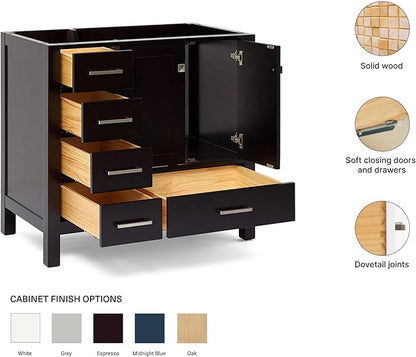 ARIEL Cambridge 36-inch Bathroom Vanity Base Cabinet,Solid Wood, 2 Soft Closing Doors, 5 Dovetail Drawers, Espresso