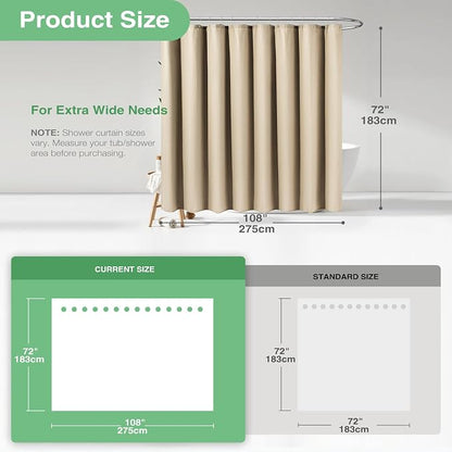 Extra Wide Waffle Shower Curtain 256 GSM Fabric 108x72 Beige/Khaki | 108 Inch Wide, Thick Cloth, Weighted Hem, Water Repellent, Hotel Luxury Polyester Shower Curtain Set for Bathroom 18 Hooks