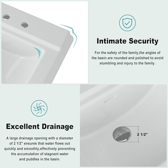 26" W X 20" D Bathroom Pedestal Sink, Rectangular White Ceramic Vanity Sink with Overflow and 3 Pre-Drilled Holes - Fits 8-Inch Faucets,Freestanding Restroom Sink Combo for Small Spaces