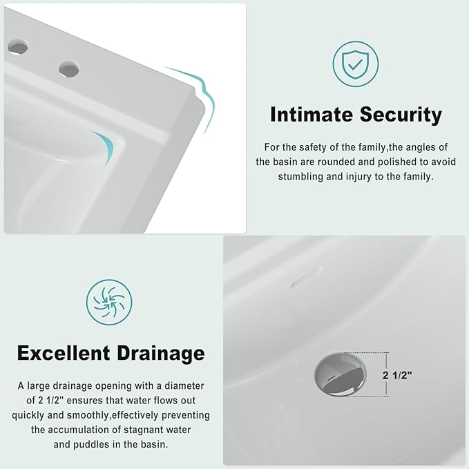GarveeHome 26" W x 20" D White Ceramic Rectangular Pedestal Sink, Bathroom Vanity Sink with Overflow and 3 Pre-Drilled Holes for 8-Inch Faucets, Freestanding Sink Combo for Small Spaces