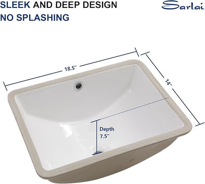 Sarlai Undermount Rectangular Vessel Sink - 18 x 14 inch Modern White Ceramic, Vanity Sink Art Basin with Overflow, Interior 16.25"x11.8"x6.5"