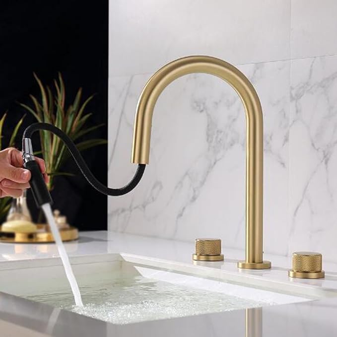 3 Hole Basin Mixer Faucet Pull Brass 3 Hole Bathroom Faucets Dual Mode 2 Handles-Brushed Gold