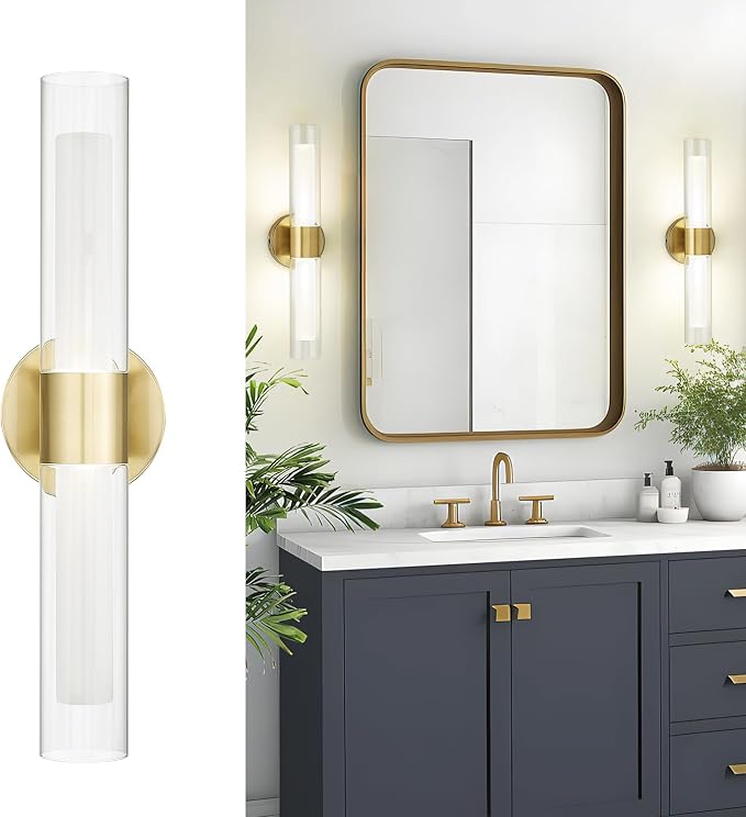 kudos Brushed Gold LED Vanity Light, Clear and Frosted Glass, KDVL06-GD-2 | 11W,1100 Lumens, 3000K, 4500K and 6000K Selectable, Hardwired, for Bathroom, Bedroom and Over Mirror