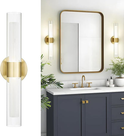 kudos Brushed Gold LED Vanity Light, Clear and Frosted Glass, KDVL06-GD-2 | 11W,1100 Lumens, 3000K, 4500K and 6000K Selectable, Hardwired, for Bathroom, Bedroom and Over Mirror
