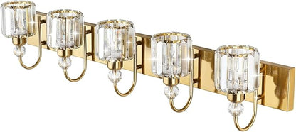 Ralbay Crystal Vanity Lights 5-Lights Brass Gold Over Mirror Modern Bathroom Wall Lighting Fixtures