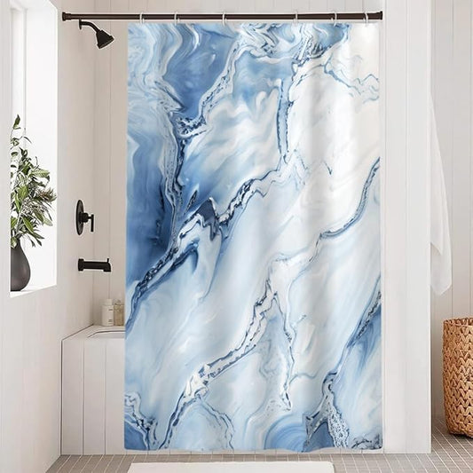 Blue Shower Curtain, Ombre Blue Marble Shower Curtain for Bathroom Modern Aesthetic Waterproof Shower Curtain Set with Hooks, 54x72 Inch