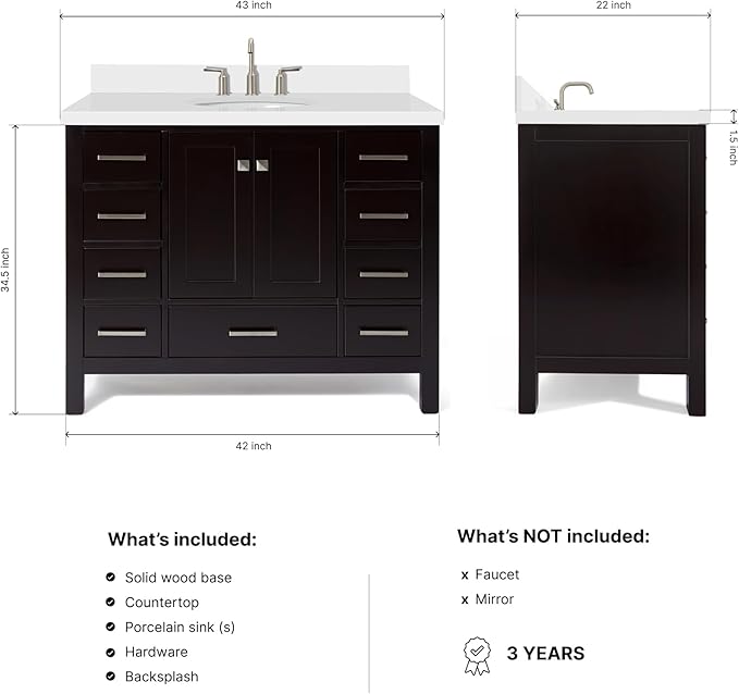 ARIEL Cambridge 42-inch Bathroom Vanity with Sink,Solid Wood, 1.5-inch Pure White Quartz Countertop & Backsplash, Single Oval Porcelain Sink, 2 Soft Closing Doors, 9 Dovetail Drawers, Espresso