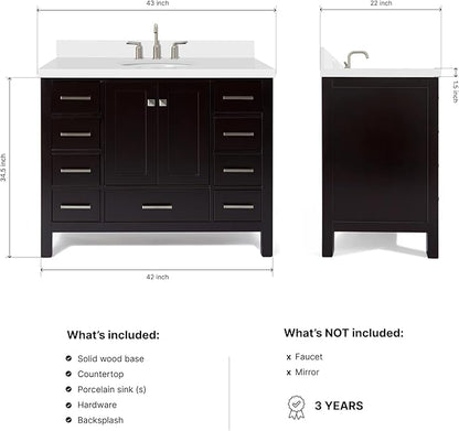 ARIEL Cambridge 42-inch Bathroom Vanity with Sink,Solid Wood, 1.5-inch Pure White Quartz Countertop & Backsplash, Single Oval Porcelain Sink, 2 Soft Closing Doors, 9 Dovetail Drawers, Espresso