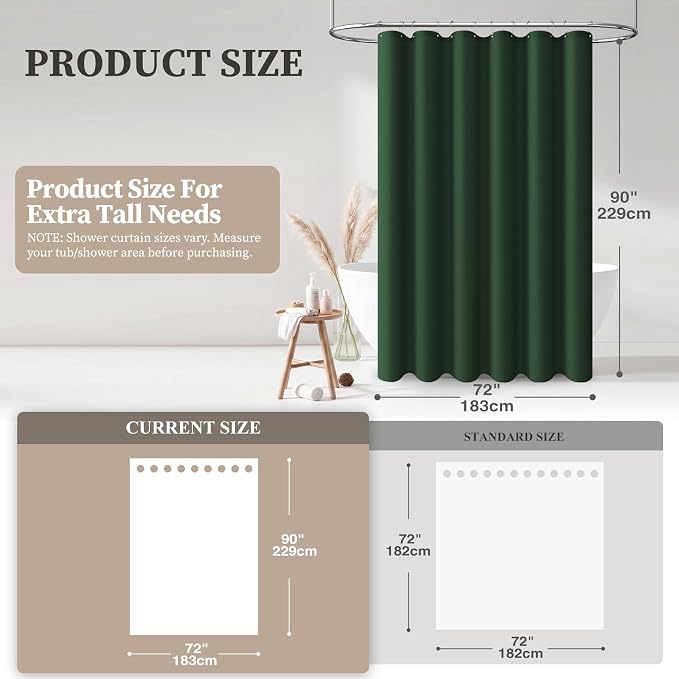 BTTN Extra Long Green Shower Curtain, 90 Inch Linen Textured Heavy Duty Waterproof Shower Curtain Set with 12 Plastic Hooks, Tall Spa Simple Thick Fabric Shower Curtains for Bathroom, 72x90, Emerald