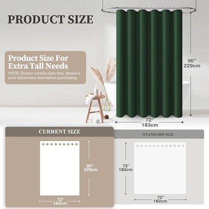 BTTN Extra Long Green Shower Curtain, 90 Inch Linen Textured Heavy Duty Waterproof Shower Curtain Set with 12 Plastic Hooks, Tall Spa Simple Thick Fabric Shower Curtains for Bathroom, 72x90, Emerald