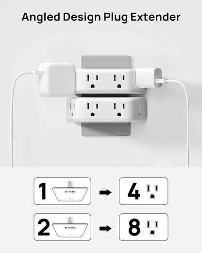 TROND Multi Plug Outlet Extender 2 Pack, Surge Protector Outlet, White | 4 Grounded Sockets, 3 Way Angled Plug Splitter, Space-Saving, 900J, Multiple Wall Adapter for Home Office Travel Dorm Room