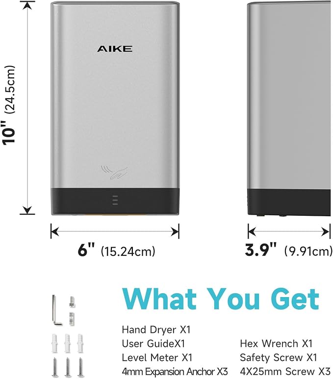 AIKE Compact Hand Dryer for Bathroom, ABS Polycarbonate 110V Silver,AK2822 | High Speed Slim Blade Hand Dryer,Plug-in Easy Install and Compact Design,Smart Warm for Home Bathroom,No Paper Waste and Cost