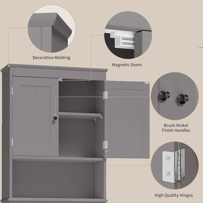 Gizoon Over the Toilet Storage Cabinet with Adjustable Shelf, Grey | Bathroom Space Saver Organizer Above Toilet with Open Shelf and Double Doors, Taller Wooden Free Standing Toilet Rack