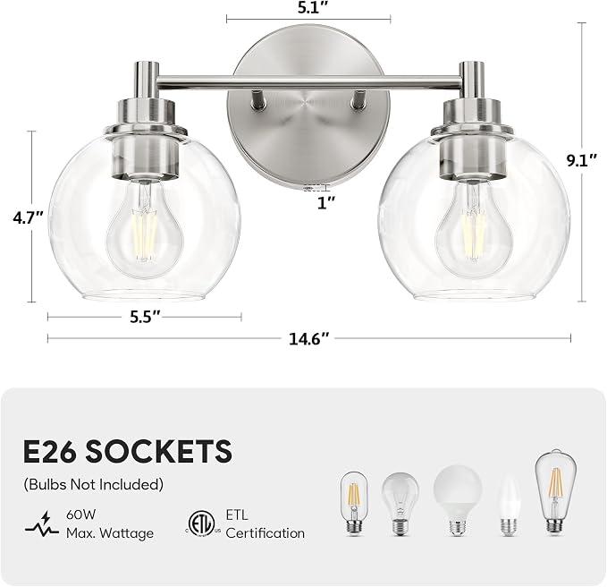 VONLUCE 2 Light Bathroom Vanity Light Fixtures, Brushed Nickel Finish | Globe Glass Shades, E26 Sockets, Easy to install, ETL Certificated, Vanity Lights for Bedroom Hallway Living Room