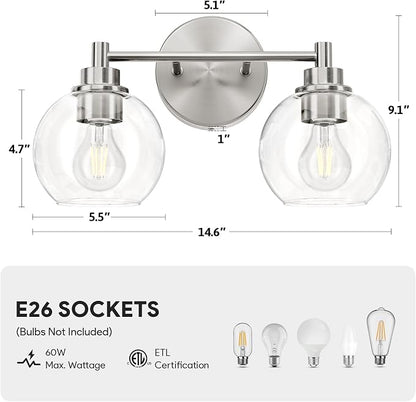 VONLUCE 2 Light Bathroom Vanity Light Fixtures, Brushed Nickel Finish | Globe Glass Shades, E26 Sockets, Easy to install, ETL Certificated, Vanity Lights for Bedroom Hallway Living Room