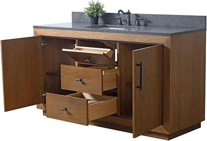 Vanity Art 60" Bathroom Vanity with Sink, Vanity Cabinet with Doors and Shelf, Modern Wood Bathroom Vanity with Black Marble Top, Solid Wood Frame, 3 Functioning Drawers,VA70-60-ST-B