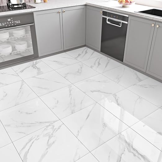 Marble Peel and Stick Floor Tile Bathroom Waterproof Vinyl Tiles | Self Adhesive Marble Sticky Tiles for Floor Bedroom Kitchen Camper Laundry Peel and Stick Tile Flooring 20 PCS 12"x12" White