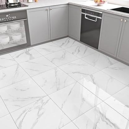Marble Peel and Stick Floor Tile Bathroom Waterproof Vinyl Tiles | Self Adhesive Marble Sticky Tiles for Floor Bedroom Kitchen Camper Laundry Peel and Stick Tile Flooring 20 PCS 12"x12" White