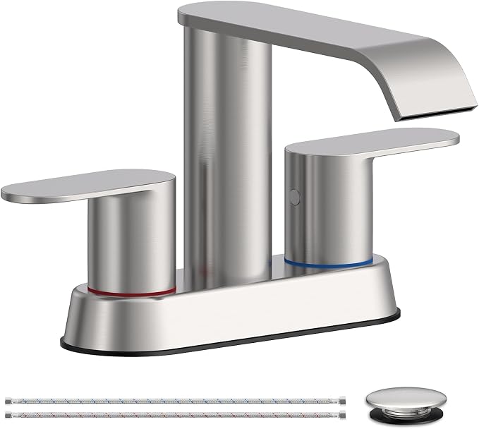 Waterfall Bathroom Sink Faucet Brushed Nickel 4 Inch Centerset Two Handle | Stainless Steel Modern Bathroom Faucets with Pop up Drain Supply Hose for Vanity RV 2 or 3 Hole Sink by Homevacious