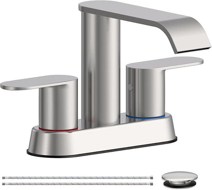 Waterfall Bathroom Sink Faucet Brushed Nickel 4 Inch Centerset Two Handle | Stainless Steel Modern Bathroom Faucets with Pop up Drain Supply Hose for Vanity RV 2 or 3 Hole Sink by Homevacious