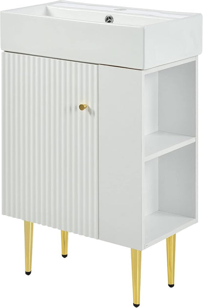 Merax 21.6" Bathroom Vanity with Single Sink, Bathroom Floor Standing Cabinet with Side Storage, Modern Bathroom Vanity with 1 Door and White Ceramic Basin Sink Top, White