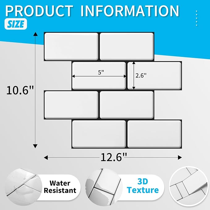 Art3d Faux Ceramic Subway Tile Peel and Stick Backsplash, 10-Pack, White | 12.6 x 10.6 in, Thickened Design, Heavy-Duty, Strong Adhesive, for Kitchen, Bedroom, Countertop Decor, Ideal for Home Upgrade