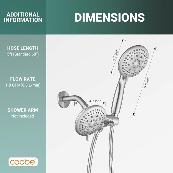 Cobbe® Dual Shower Head Combo, Handheld & Fixed, Brushed Nickel | Two Full-Size Shower Heads, 59'' Stainless Steel Hose, Water Saving with 3-Way Water Diverter, Tool-Free Installation