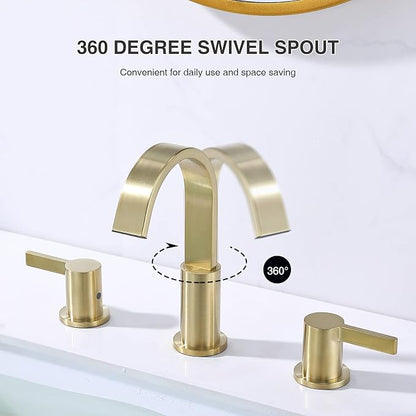 TRUSTMI 8 Inch Widespread Brushed Gold Bathroom Faucet 3 Hole 2 Handle Brass Vanity Sink Faucet with 360 Degree Swivel Spout, Overflow Drain and cUPC Waterlines