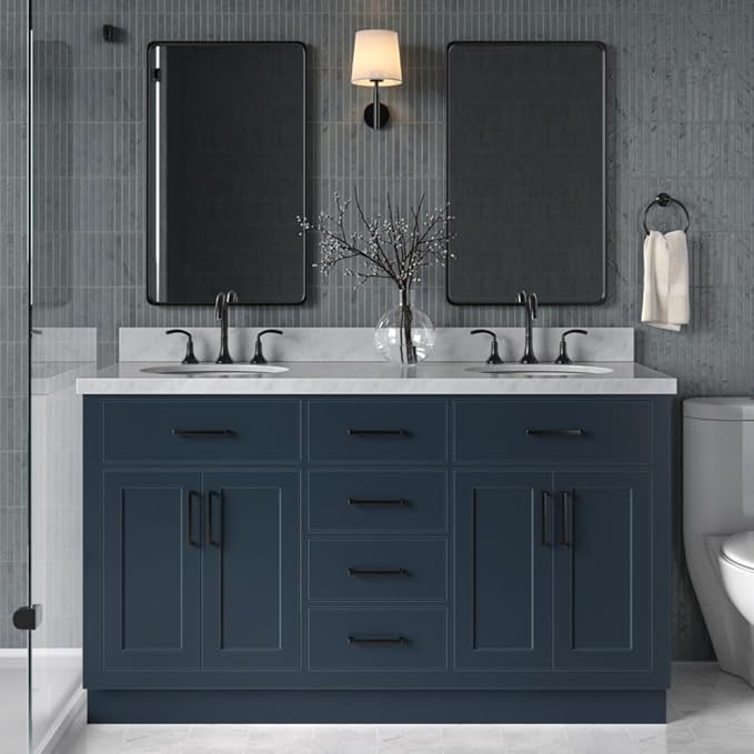 ARIEL Hepburn 60-inch Bathroom Vanity with Sink,Solid Wood, 1.5-inch Italian Carrara Marble Countertop, Double Oval Porcelain Sink, 4 Soft Closing Doors, 6 Dovetail Drawers, Midnight Blue
