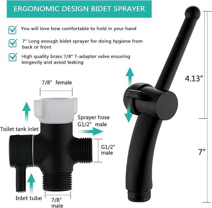 BARROCK Advanced Handheld Bidet Sprayer Set for Toilet, Bathroom Ergonomic Jet Bidet Spray Attachment Kit for Muslim Shower, Feminine Hygiene, Bathing Pets and Washing Baby Cloth Diaper, Matte Black