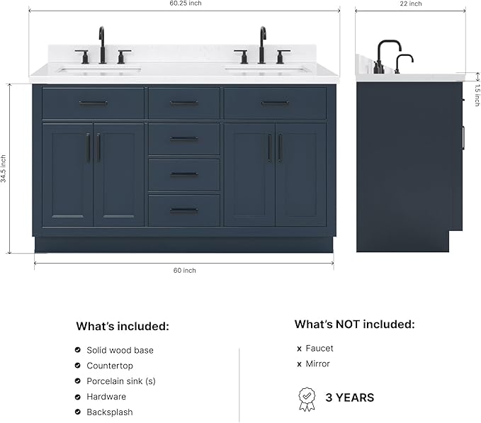 ARIEL Hepburn 60-inch Bathroom Vanity with Sink,Solid Wood, 1.5-inch Carrara White Quartz Countertop, Double Rectangular Porcelain Sink, 4 Soft Closing Doors, 6 Dovetail Drawers, Midnight Blue