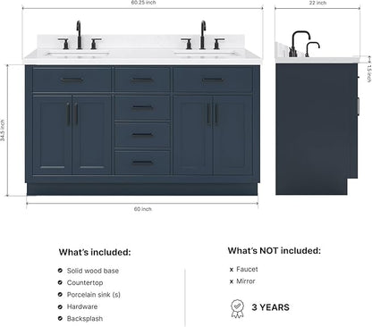 ARIEL Hepburn 60-inch Bathroom Vanity with Sink,Solid Wood, 1.5-inch Carrara White Quartz Countertop, Double Rectangular Porcelain Sink, 4 Soft Closing Doors, 6 Dovetail Drawers, Midnight Blue