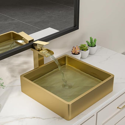 Dcolora 15 In. Gold Drop In Bathroom Vessel Sink for Vanity, 16 Gauge Stainless Steel Sink with Drain Assembly, 15"D x 15"W x 4"H #DC-VS261202