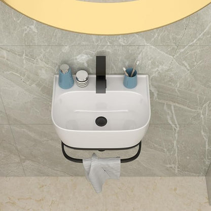 Lordear Wall Mounted Vessel Sink 16x11 Inch, U-Shape White Porcelain Bathroom Sink with Black Faucet and Support Pedestal Legs, Wall Hung Vanity Sink with Towel Rack for Small Bathrooms