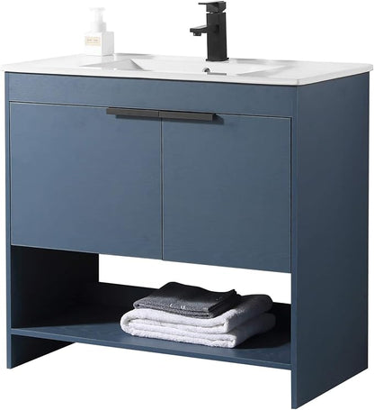 Phoenix 36 Inch Bathroom Vanity with Sink – Modern Design, Soft-Close Doors, Storage Drawers, Durable Build – Navy Blue Vanity for Small Bathrooms (Full Assembly Required)