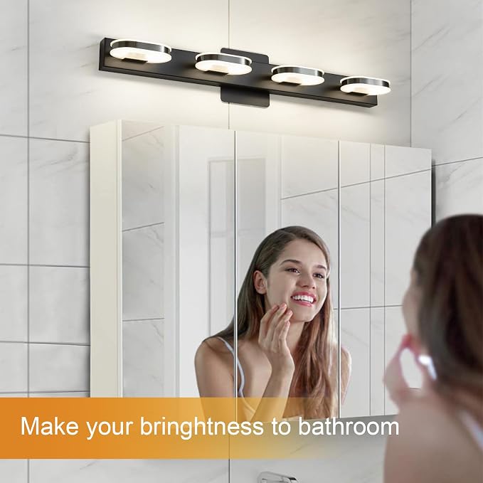 Myhaptim Modern LED 4 Lights Vanity Light for Bathroom Modern Vanity Light Fixture Wall Sconce 26 Inch Natural White Light (Black)